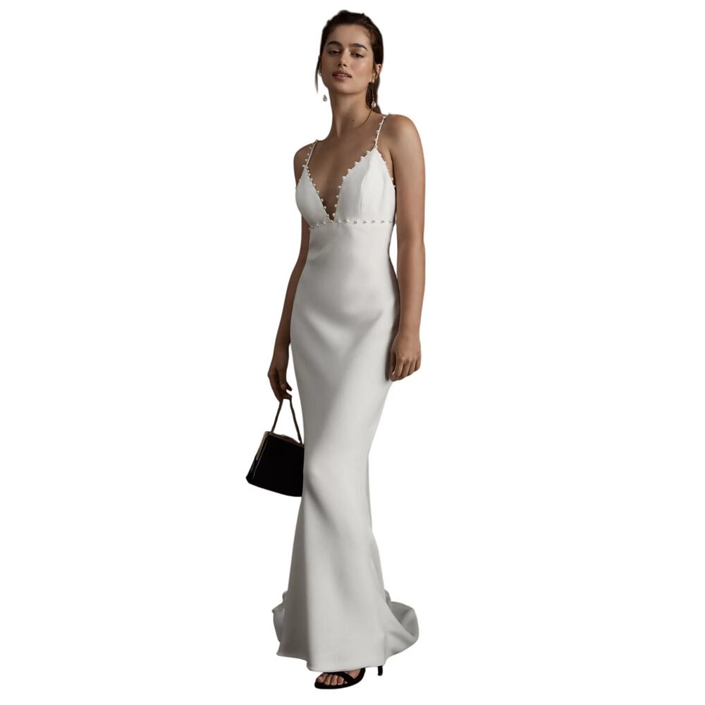 Savannah Miller Dora Pearl-Trimmed V-Neck Crepe Wedding Gown Ivory Bridal Dress